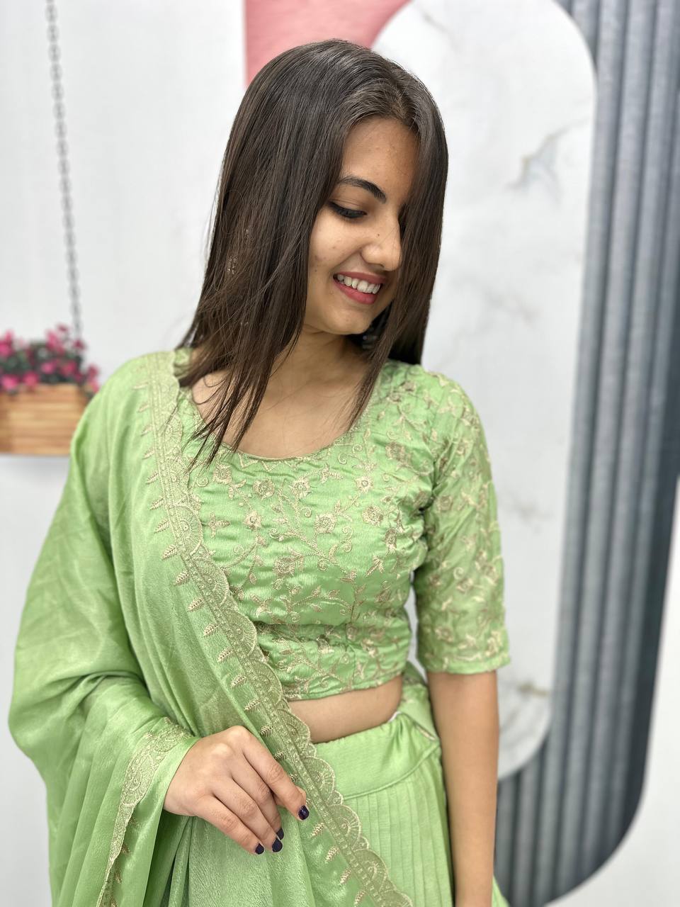 Paroot green color chinon readymade lehenga choli with dupatta