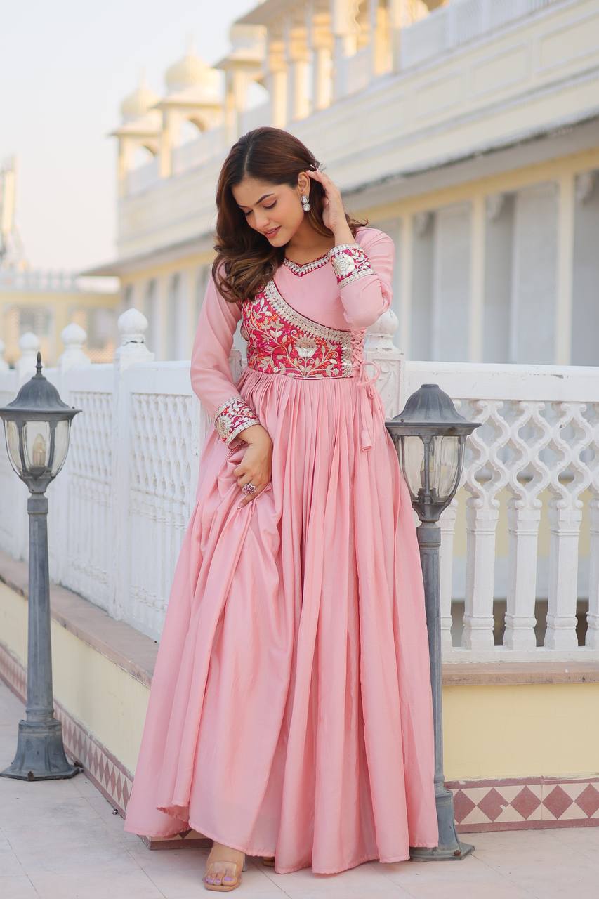 Peach color chinon cording work long gown online