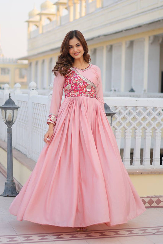 Peach color chinon cording work long gown for women