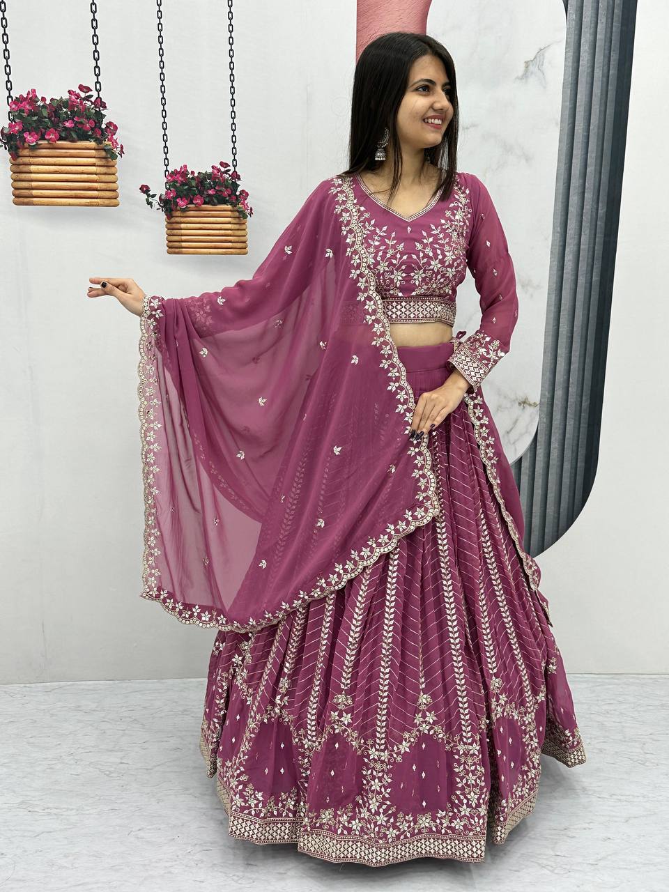 Pink color georgette lehenga choli for wedding