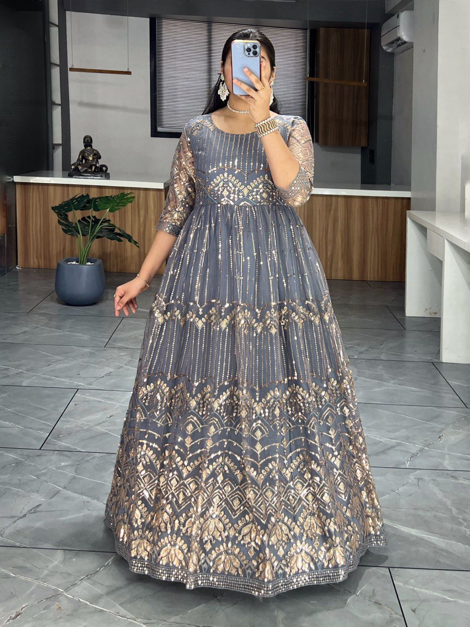 Readymade Grey Color Net Sequins Work Long Gown For Wedding L / Grey Readymade Grey Color Net Sequins Work Long Gown For Wedding L / Grey