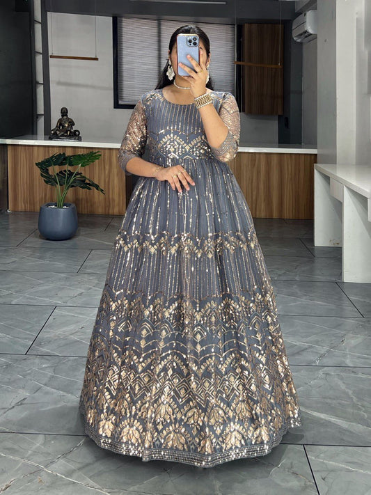 Long grey color net gown for women