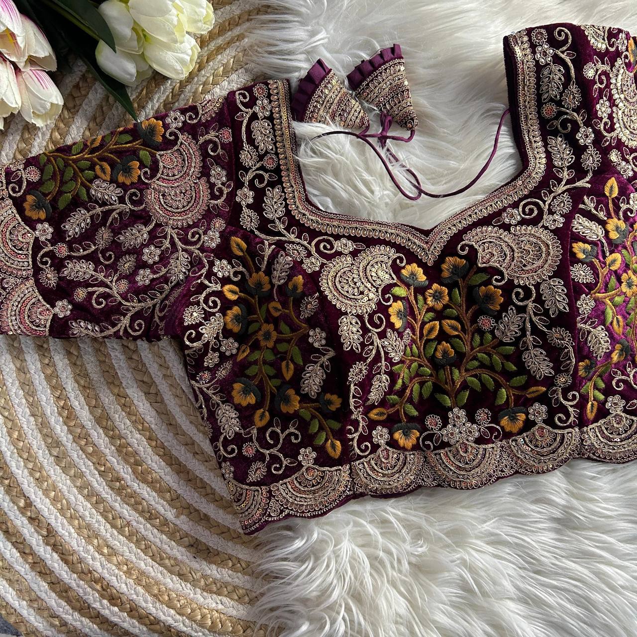 Wine color soft velvet blouse for reception