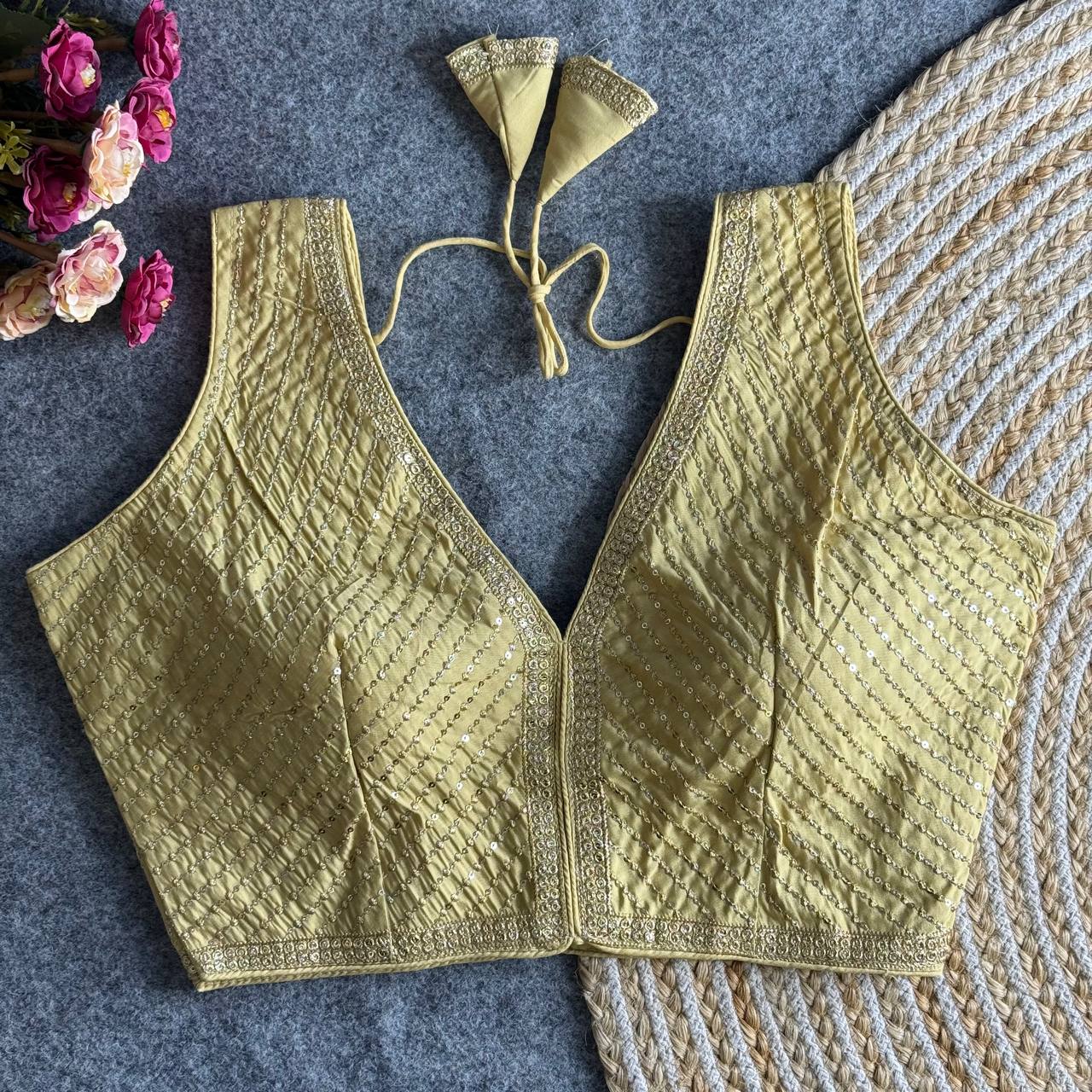 Beige color roman silk sequins work blouse for women