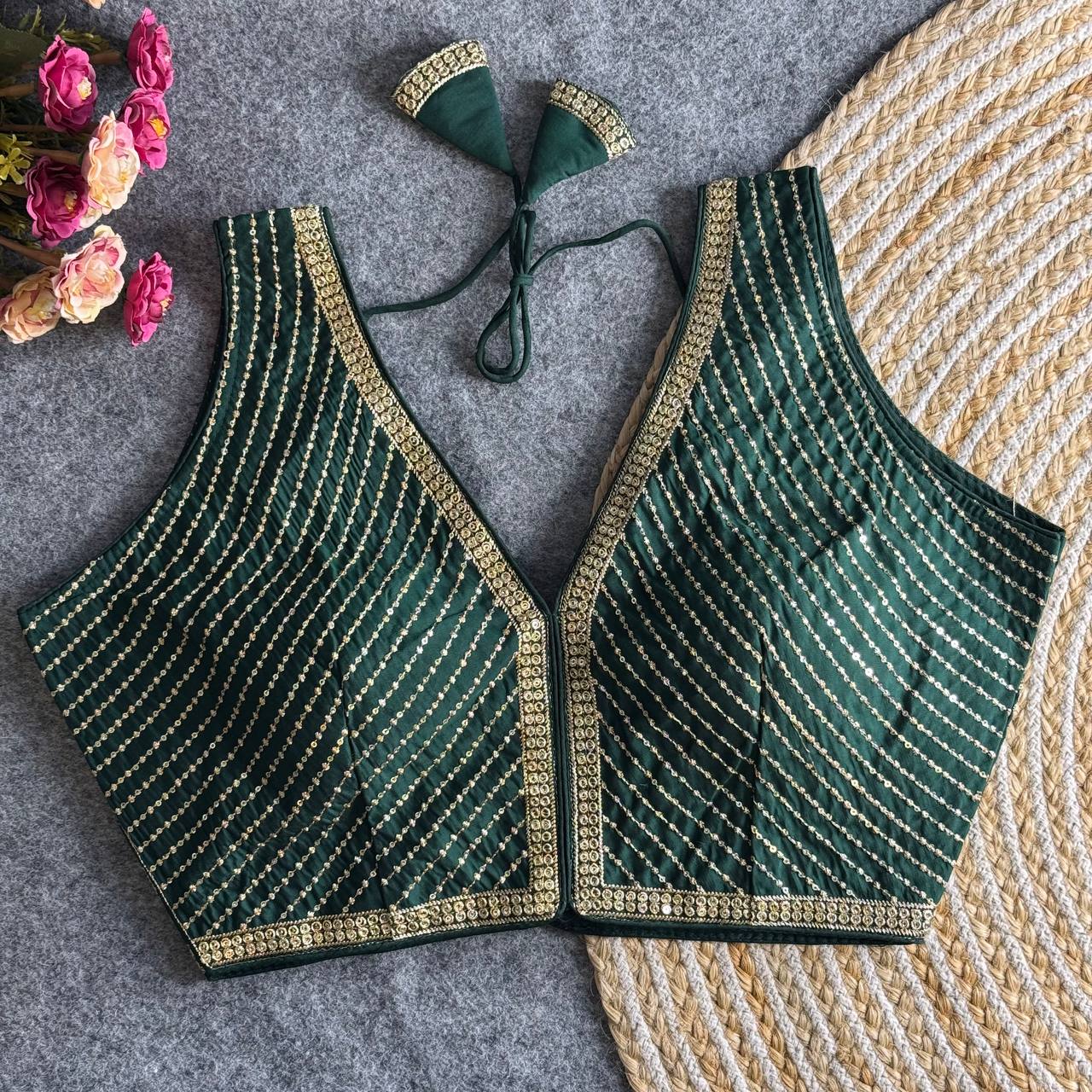Green color roman silk blouse for party