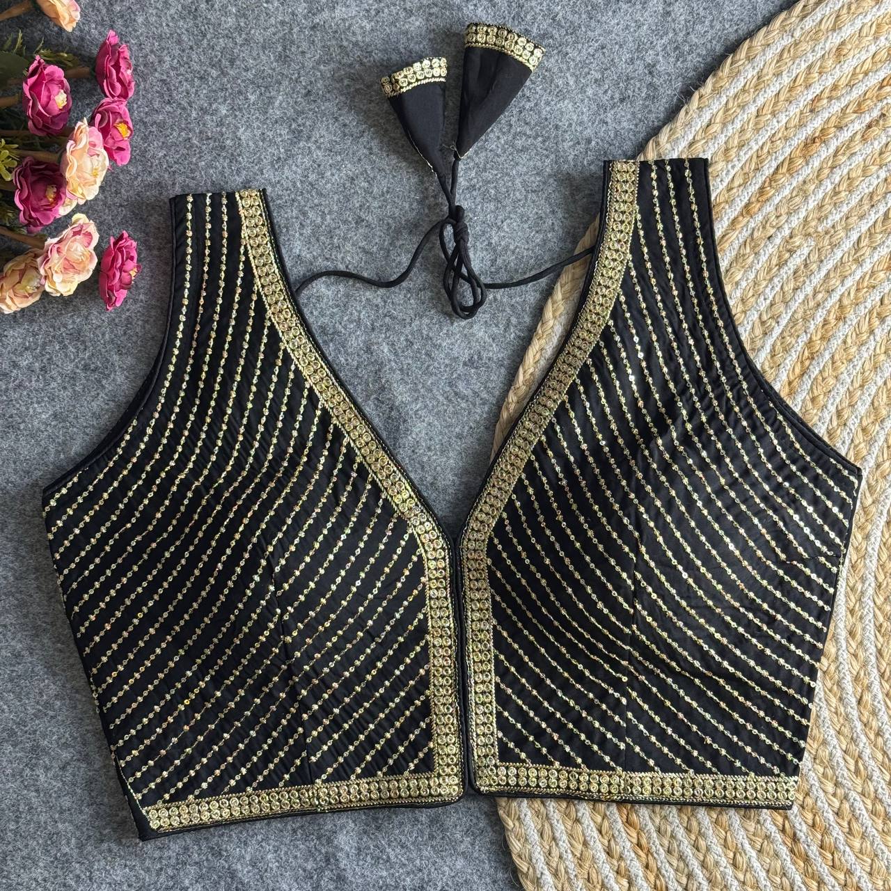 Black color roman silk stitched blouse for women