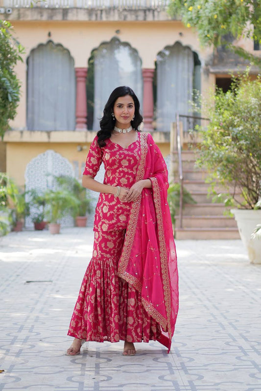 Rani Pink color Viscose Georgette Jacquard sharara suit images