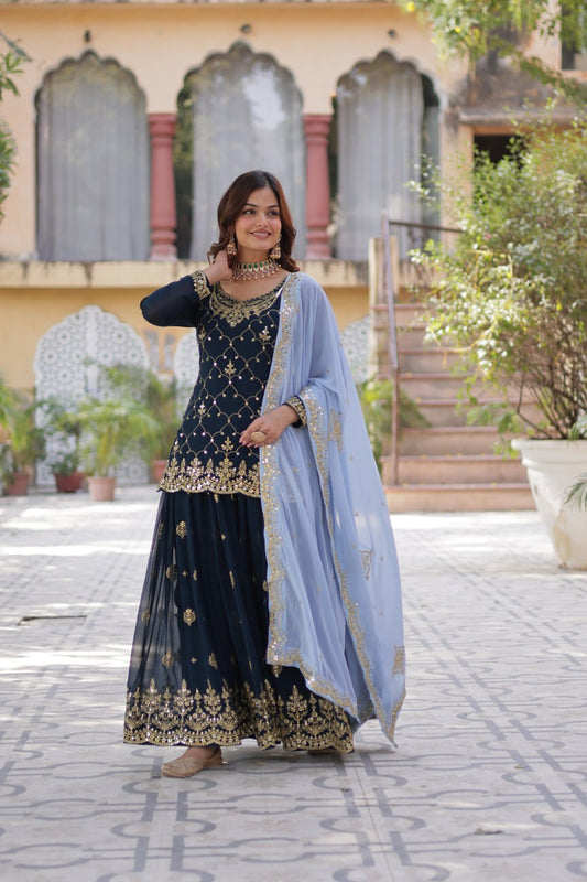 Peacock blue color sharara suit for women with dupatta