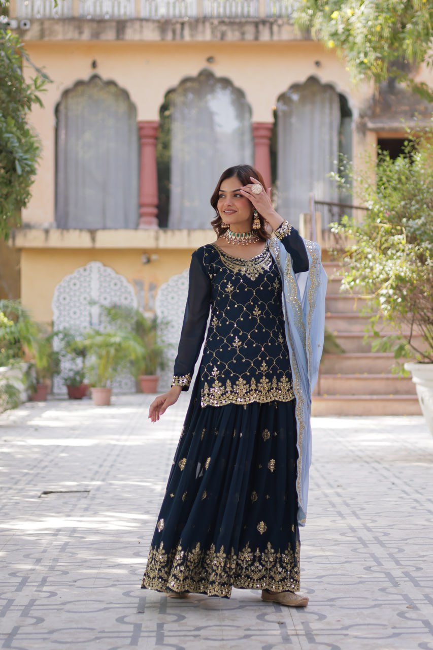Peacock blue color sharara suit for women
