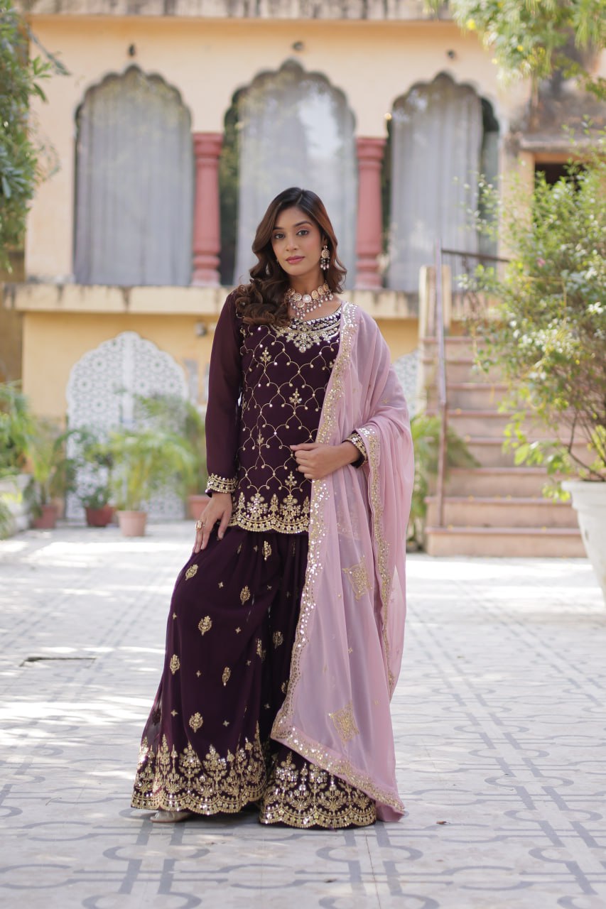 Wine color sharara suit for wedding
