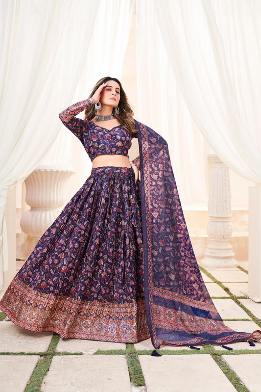 Navy blue chinon printed lehenga choli