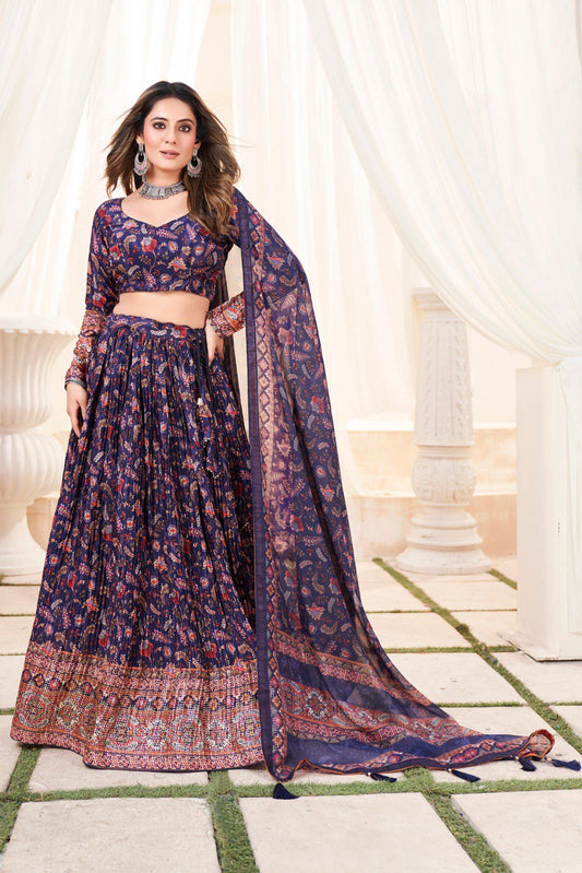 Navy blue chinon printed lehenga choli for women