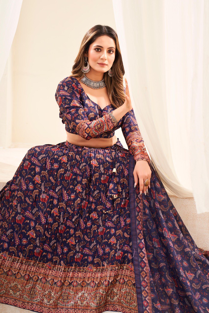 Navy blue chinon printed lehenga choli for wedding