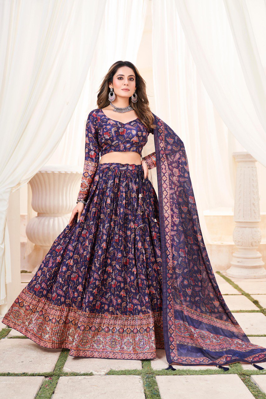 Navy blue chinon printed lehenga choli online