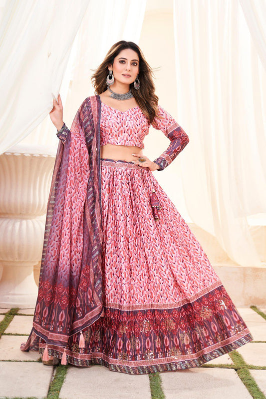 Pink color chinon printed lehenga choli for wedding