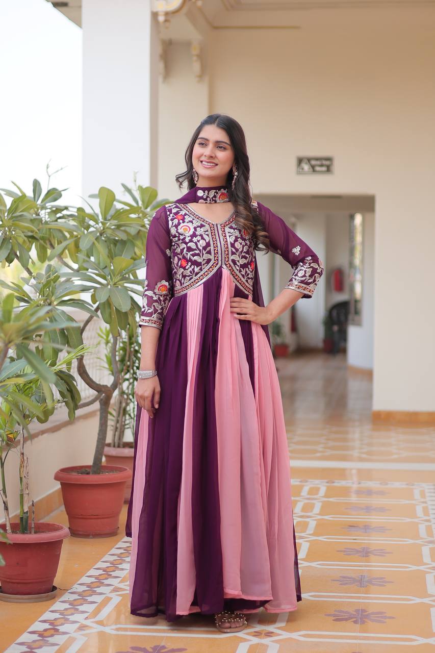 Wine color Georgette embroidery work long gown with dupatta
