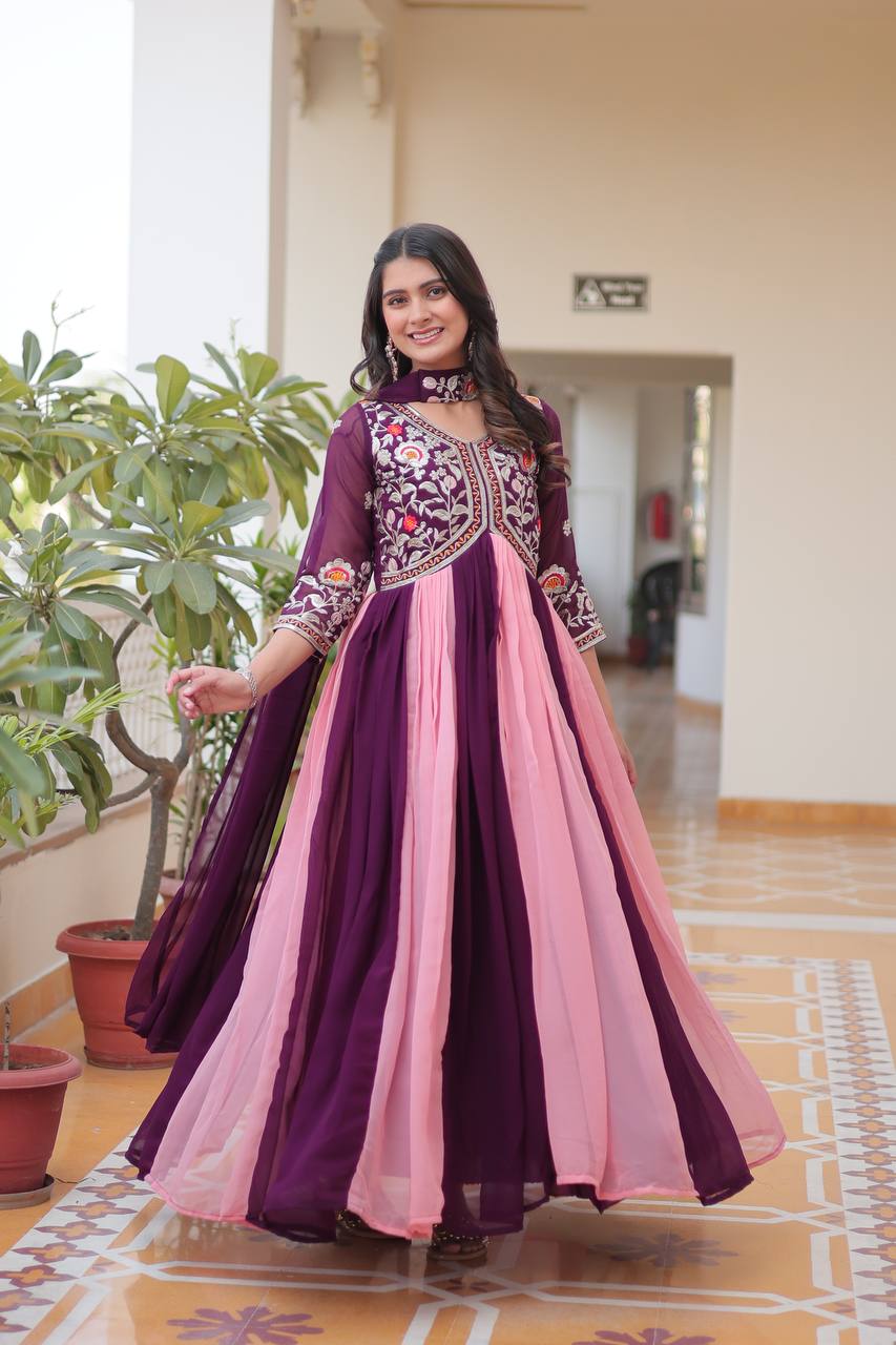 Wine color Georgette embroidery work long gown with dupatta