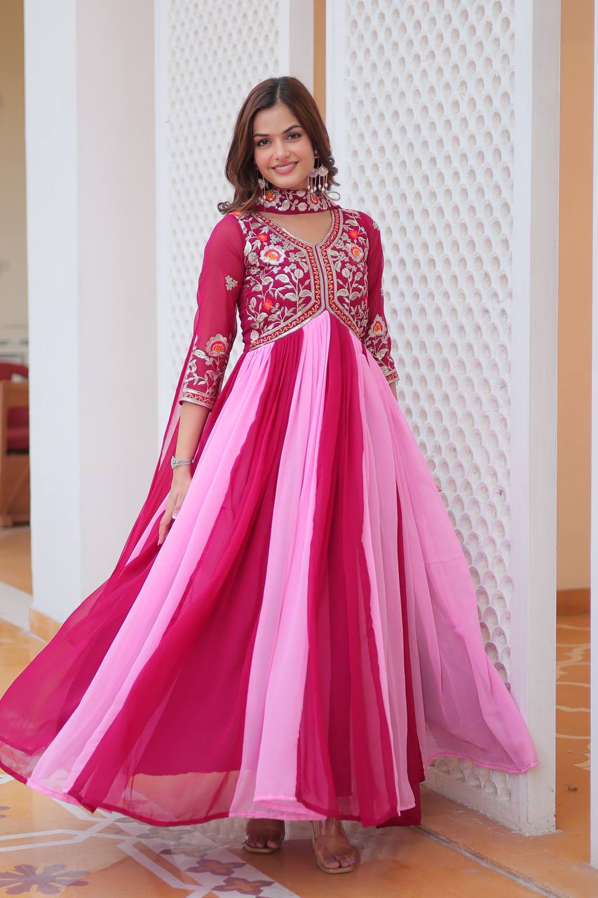 Pink color Georgette embroidery work long gown for women