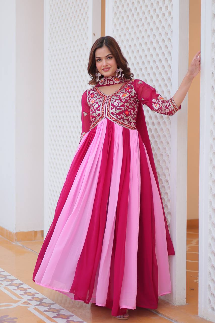 Pink color Georgette embroidery work long gown images
