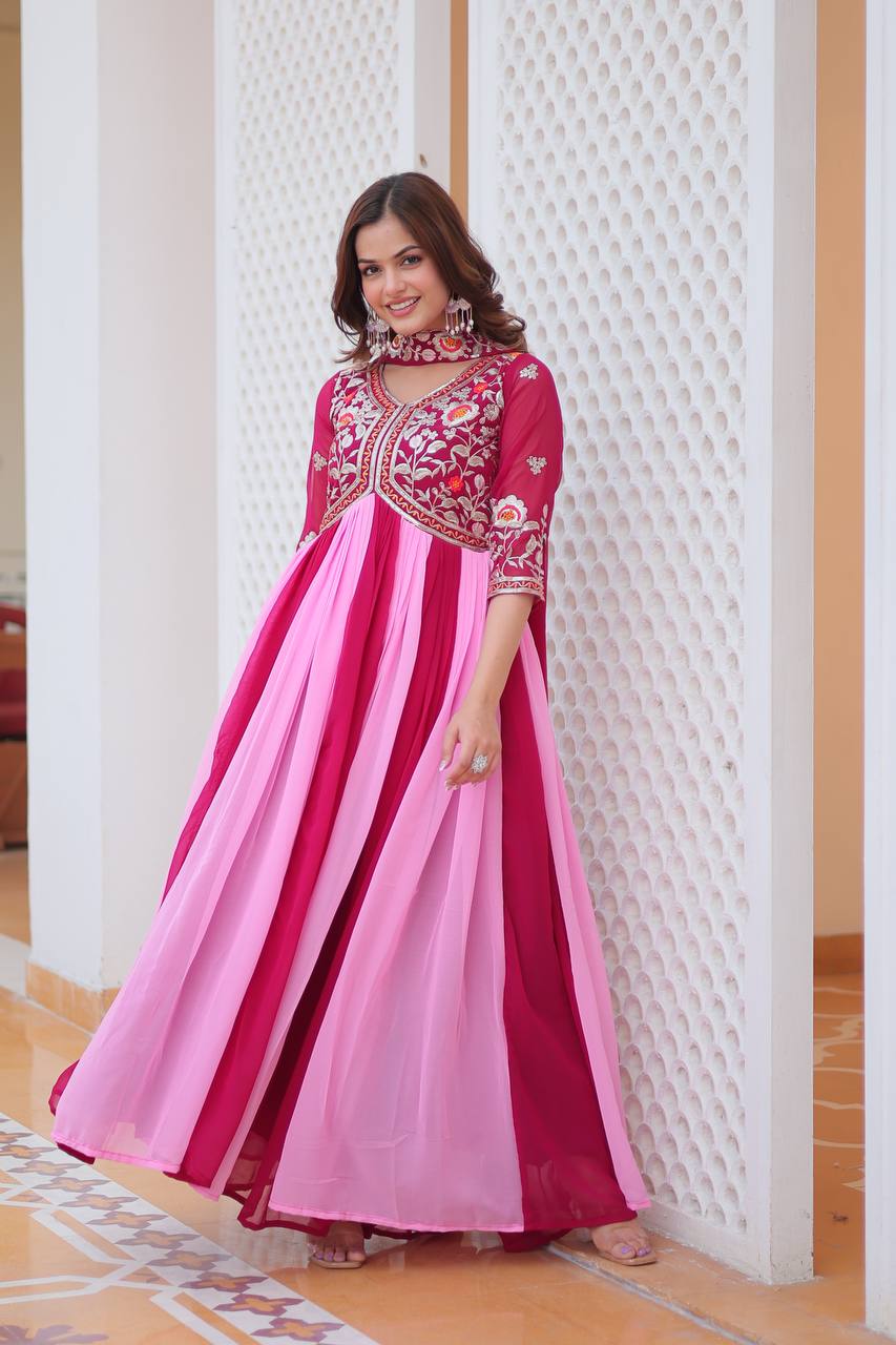 Pink color Georgette embroidery work long gown design