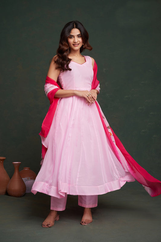 Pink color viscose organza long gown for party