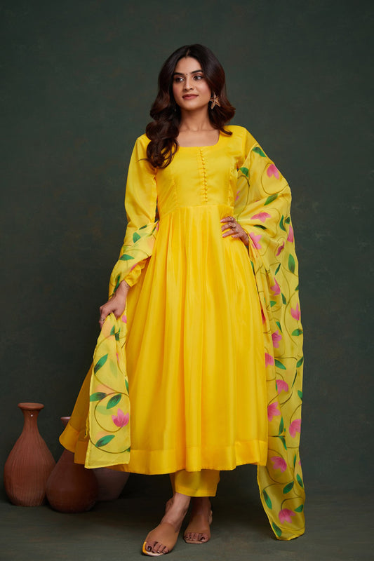 Yellow color viscose organza salwar suit online shopping