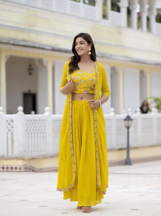 Yellow color georgette crop top with shrug for wedding