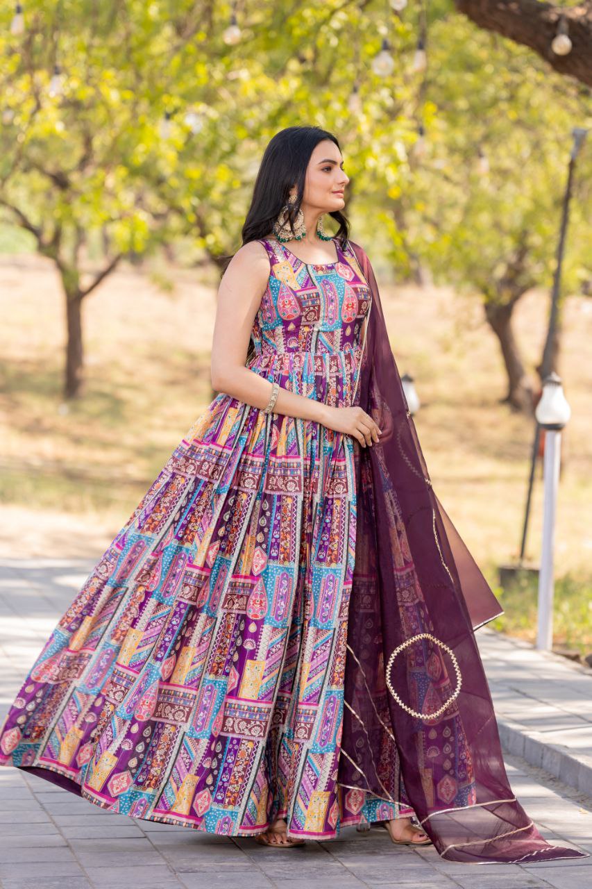 Purple Color soft organza long gown online shopping