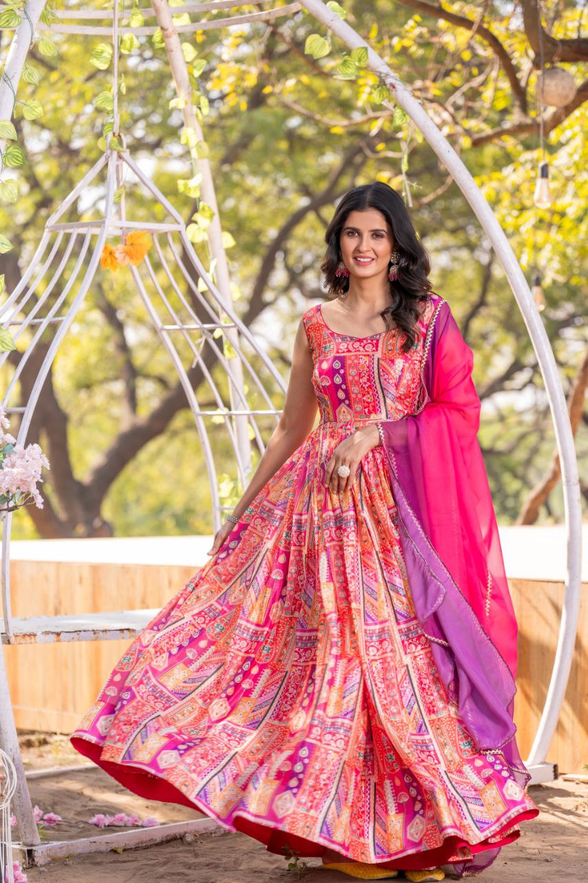 Pink color organza printed long gown