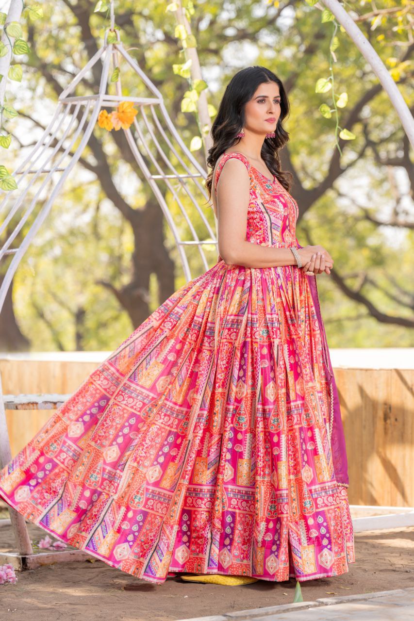 Pink color readymade organza long gown with dupatta