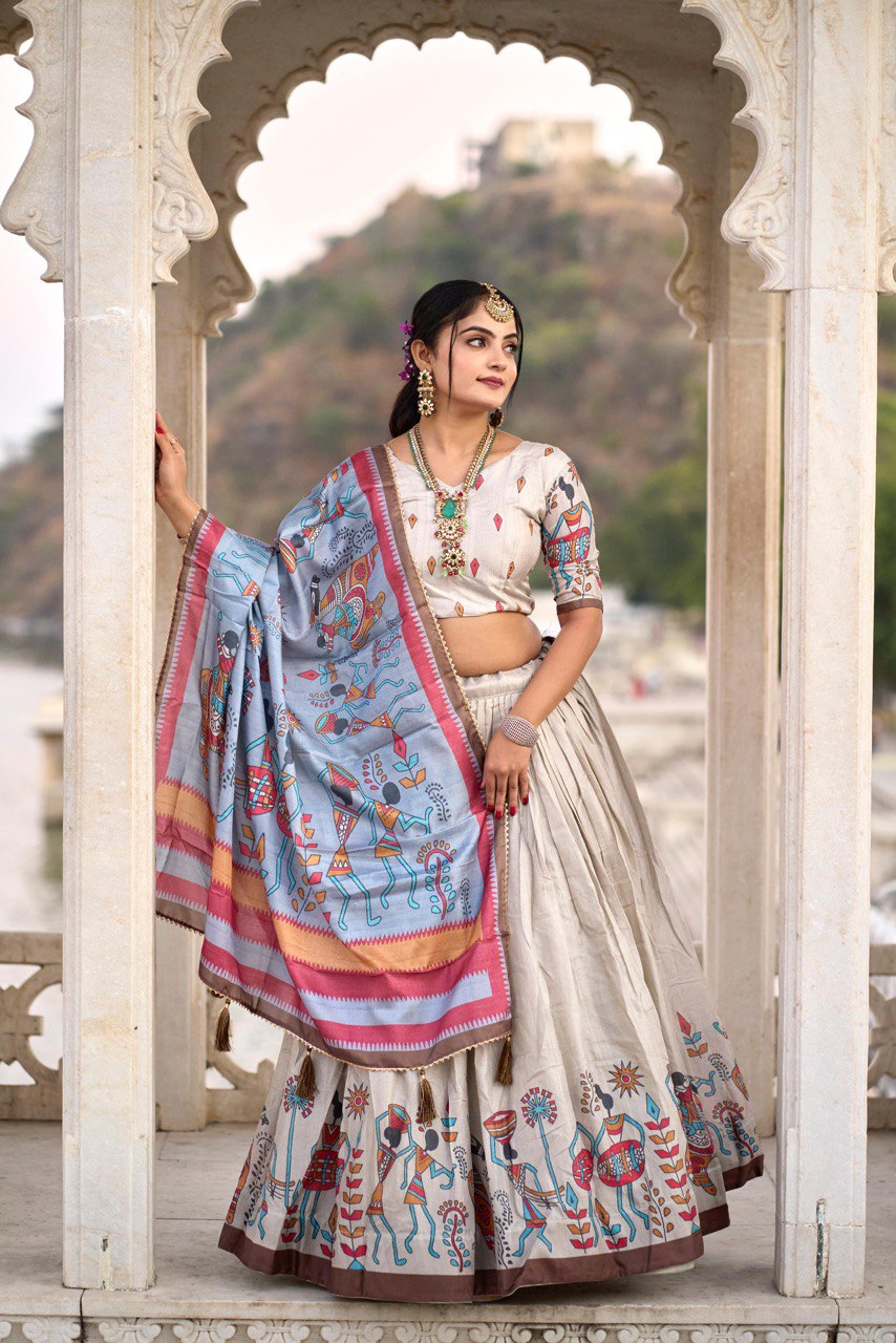 Cream color manipuri silk lehenga choli images