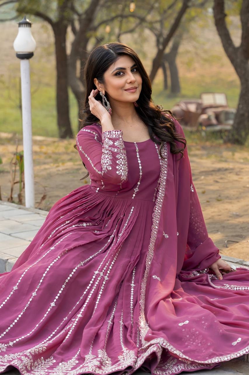 Pink color georgette long gown with dupatta online shopping