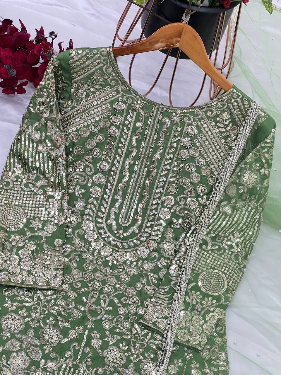 Green color chinon silk sharara suit with dupatta online