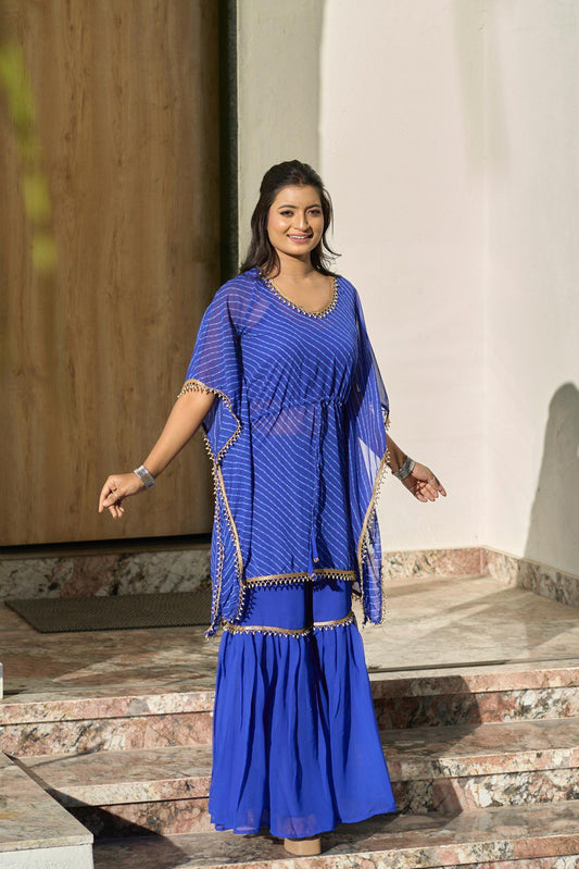 Blue color georgette kaftan with sharara suit price