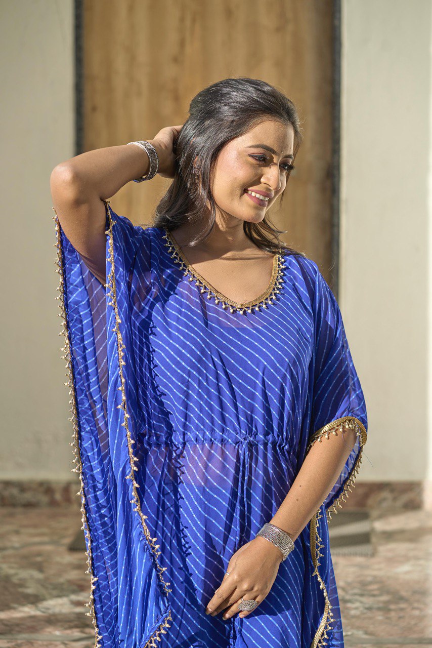 Blue color georgette kaftan with sharara suit online shopping