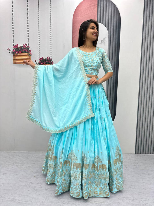 Sky color chinon lehenga choli for wedding