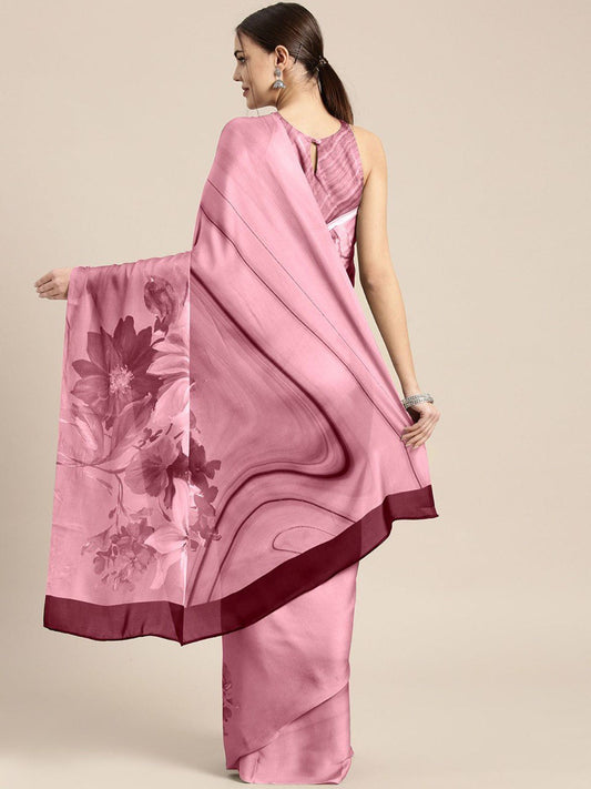 Pink color japan satin printed saree for party