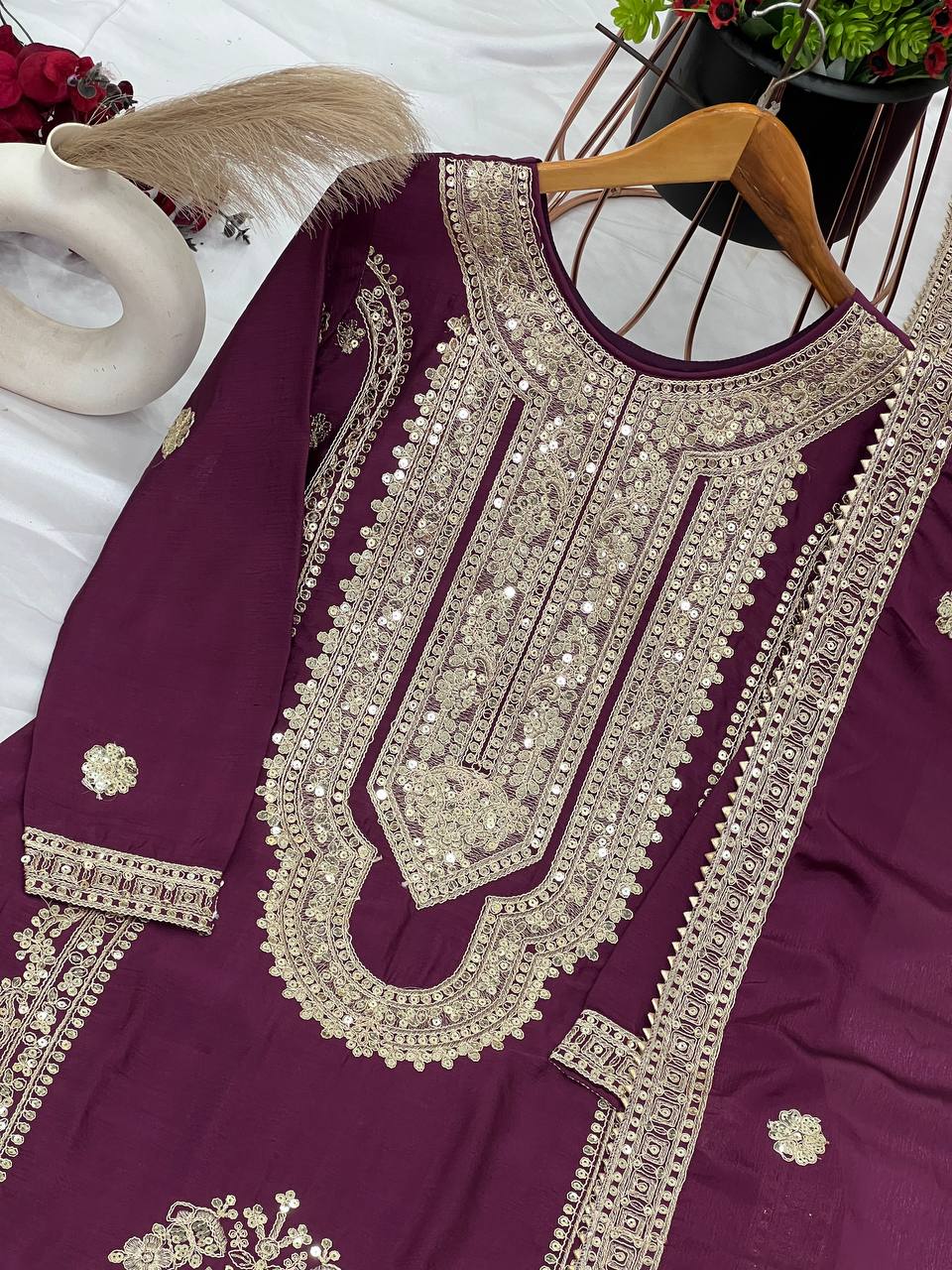 Wine color chinon silk sharara suit with dupatta online shopping