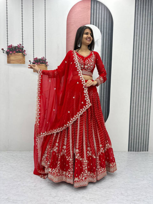 Red color georgette lehenga choli with dupatta
