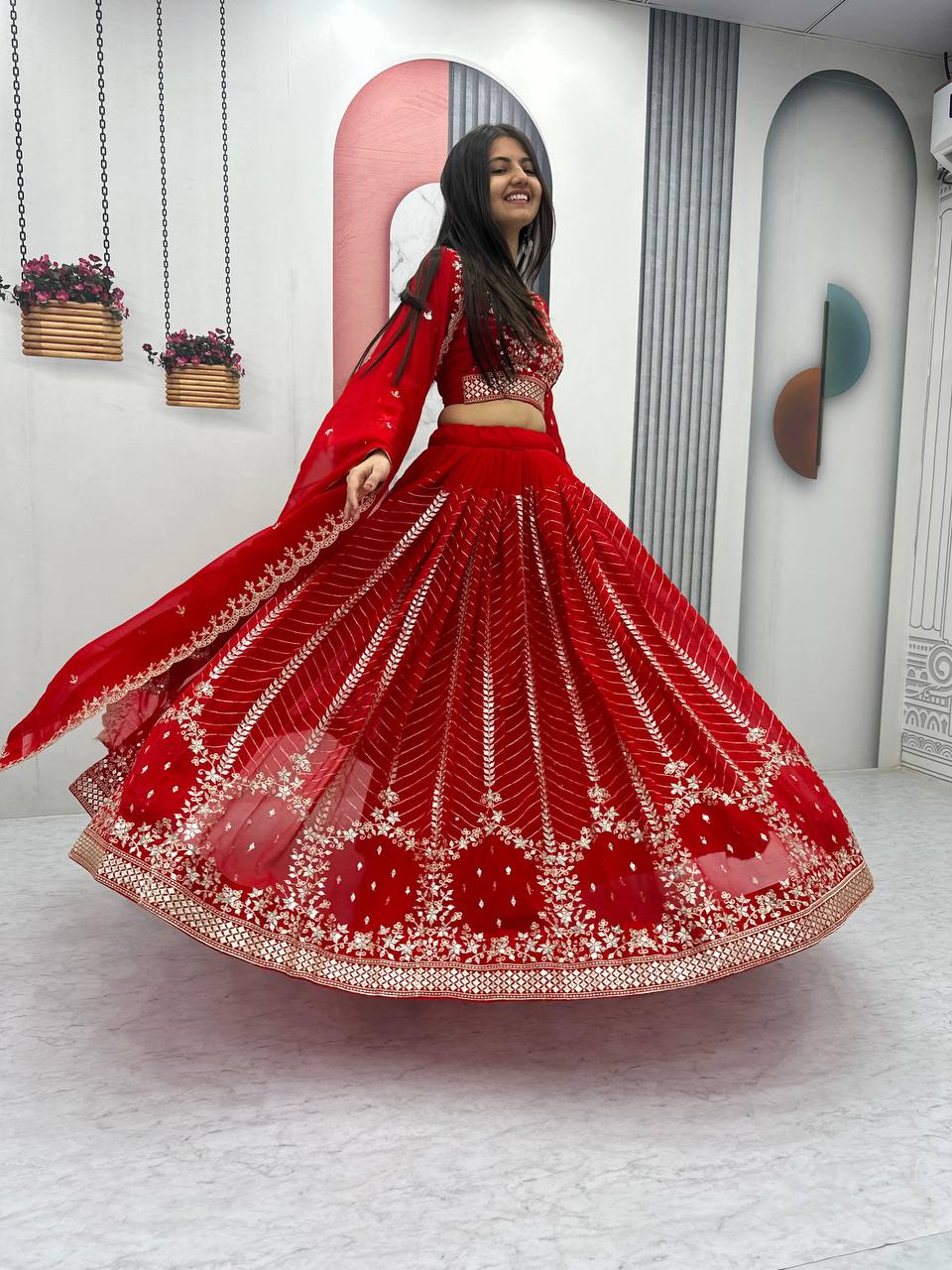 Red color georgette lehenga choli with dupatta price