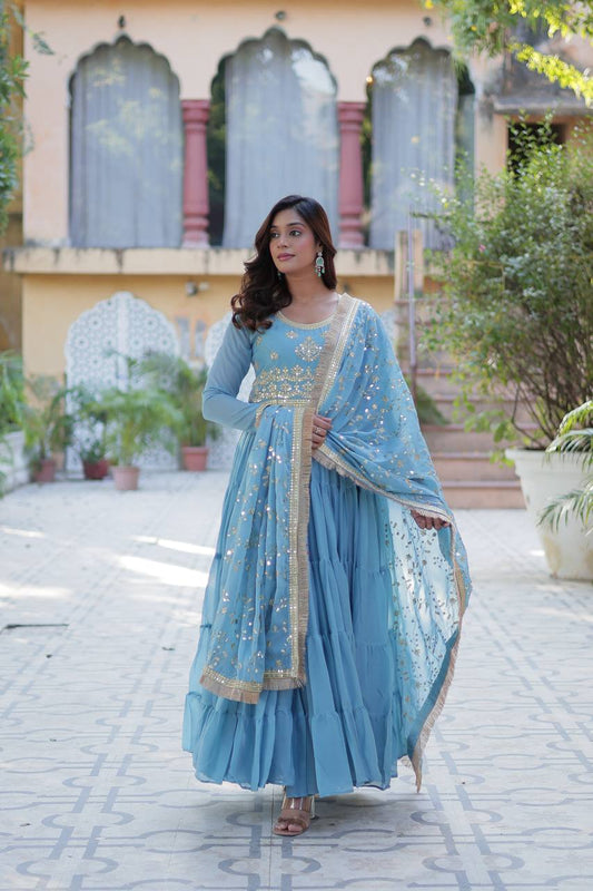 Sky color georgette long gown with dupatta