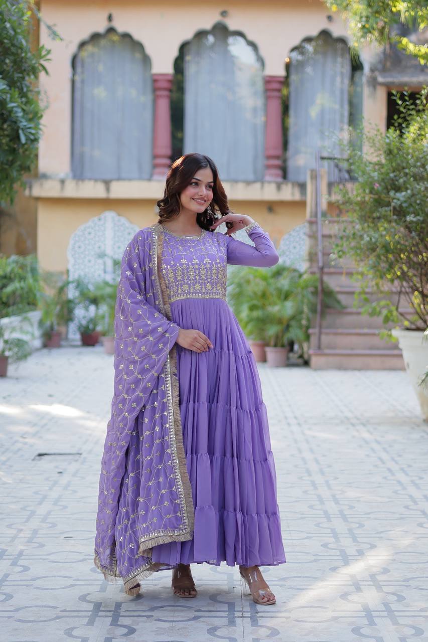 Lavender color georgette long gown with dupatta price