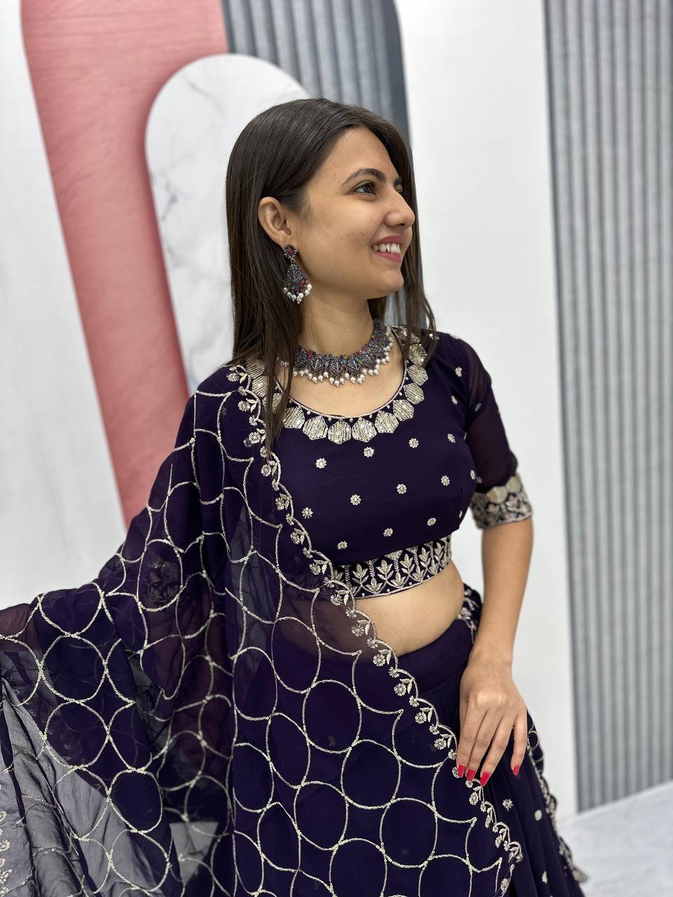 Purple color chinon lehenga choli with dupatta online