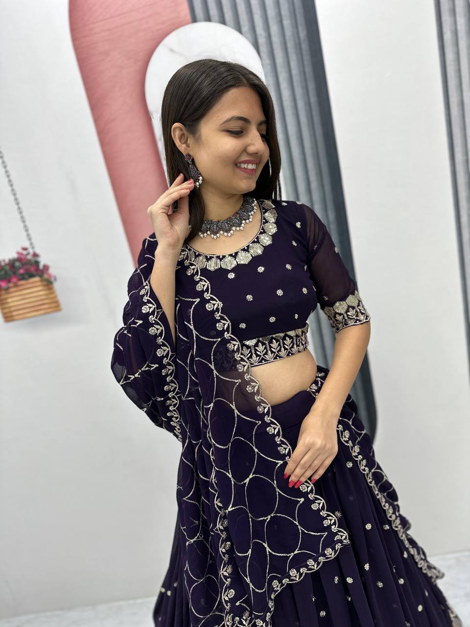 Purple color chinon lehenga choli with dupatta images