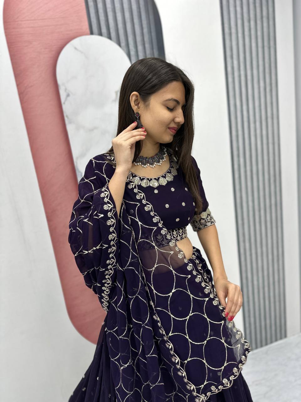 Purple color chinon lehenga choli with dupatta price