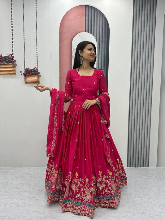 Pink color chinon long gown for wedding