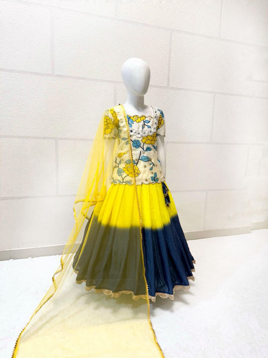 Yellow color chinon silk lehenga choli with dupatta online