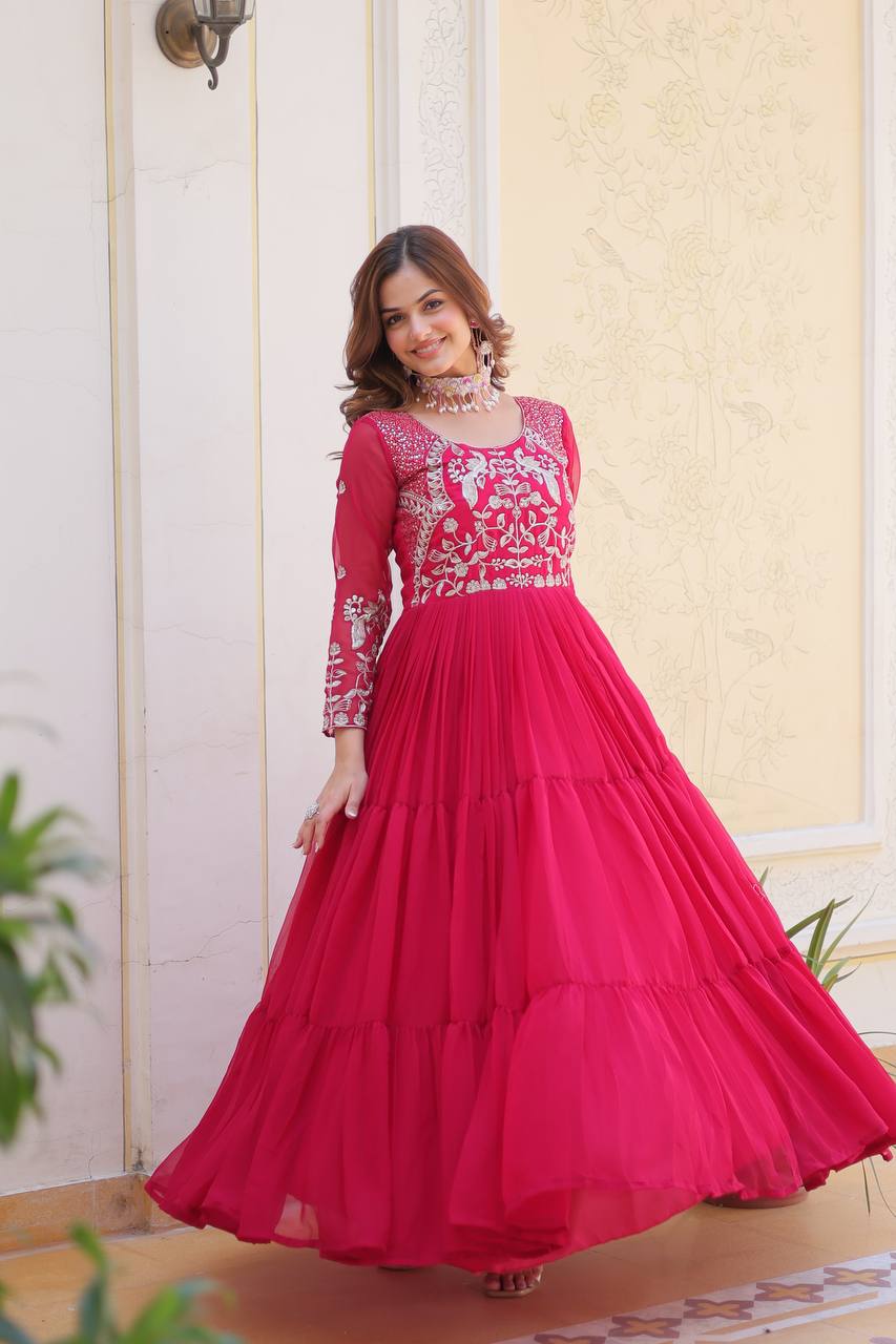 Pink color georgette long gown online shopping