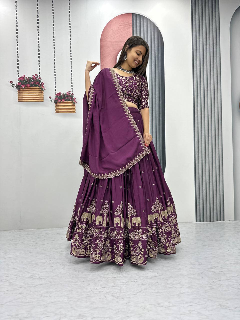 Wine color chinon lehenga choli with dupatta images