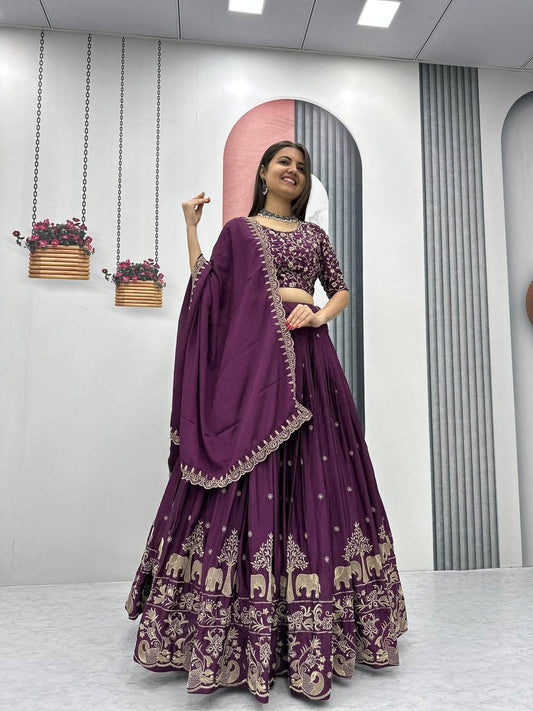 Wine color chinon lehenga choli for wedding